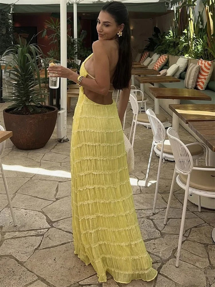 Crinkled Halter Maxi Dress with Open Back and Back Tie Closure