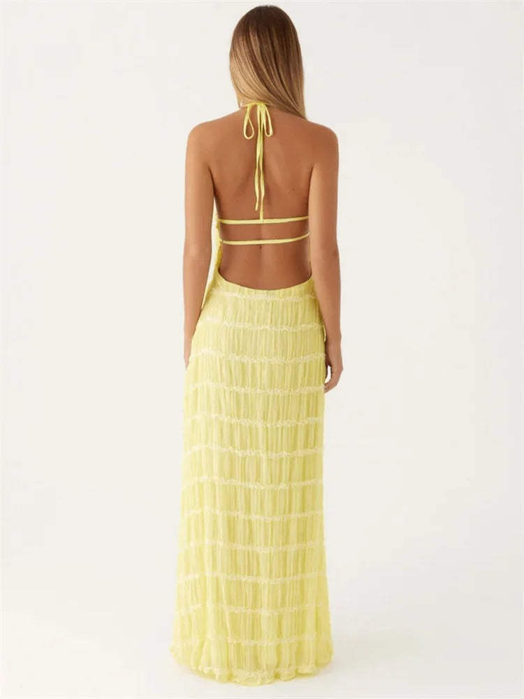 Crinkled Halter Maxi Dress with Open Back and Back Tie Closure