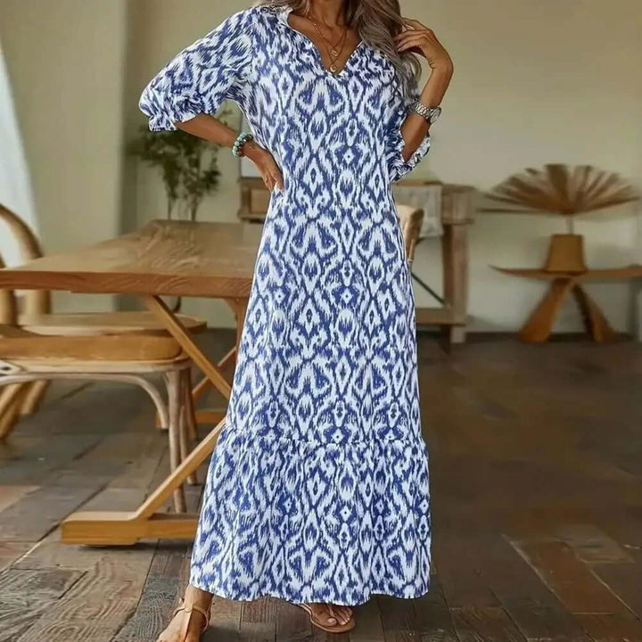 V-Neck Maxi Dress with Half Sleeves and Ruffle Hem