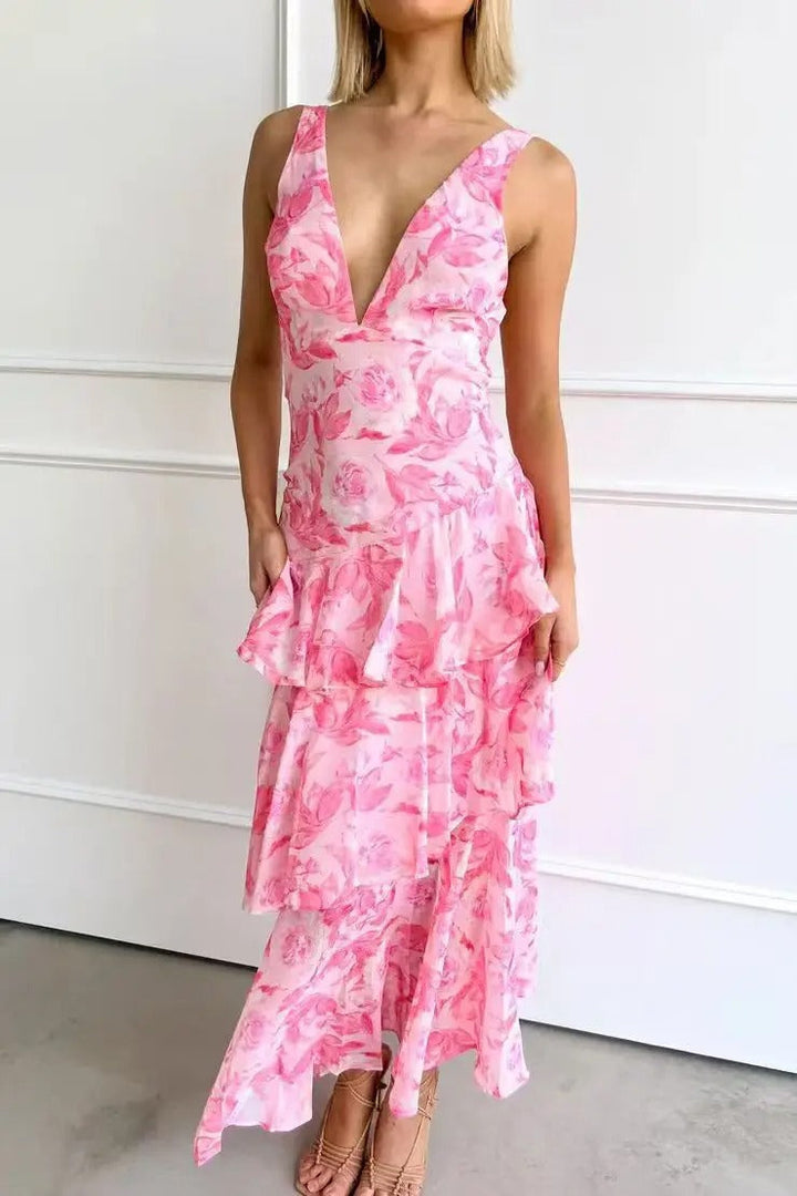 V-Neck Tiered Maxi Dress with Criss-Cross Back