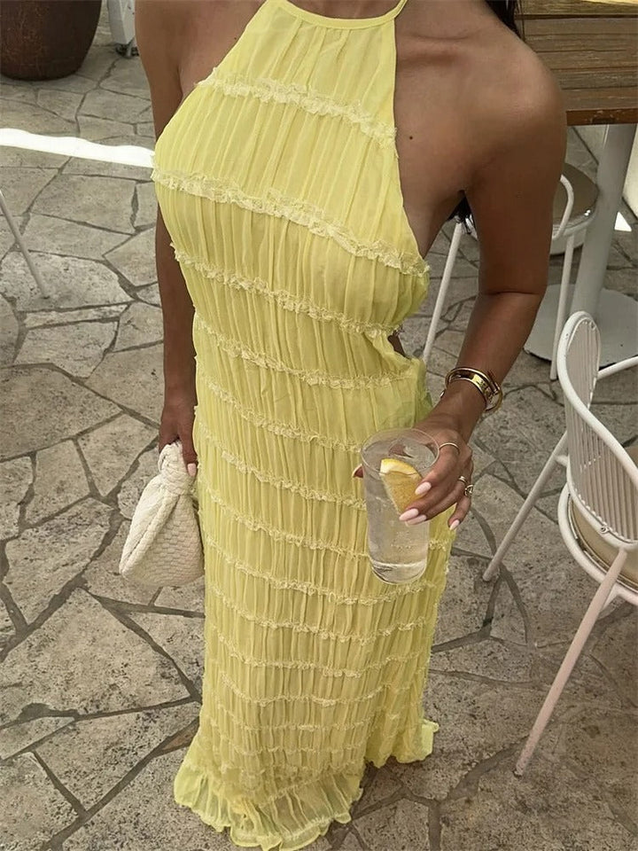 Crinkled Halter Maxi Dress with Open Back and Back Tie Closure