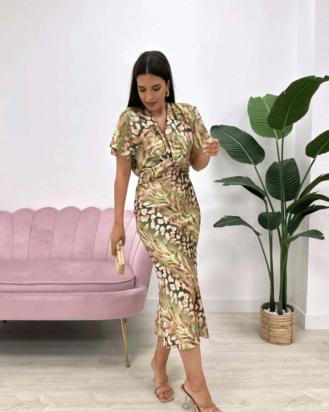 Twist Front Dress with V-Neckline and Flutter Sleeves