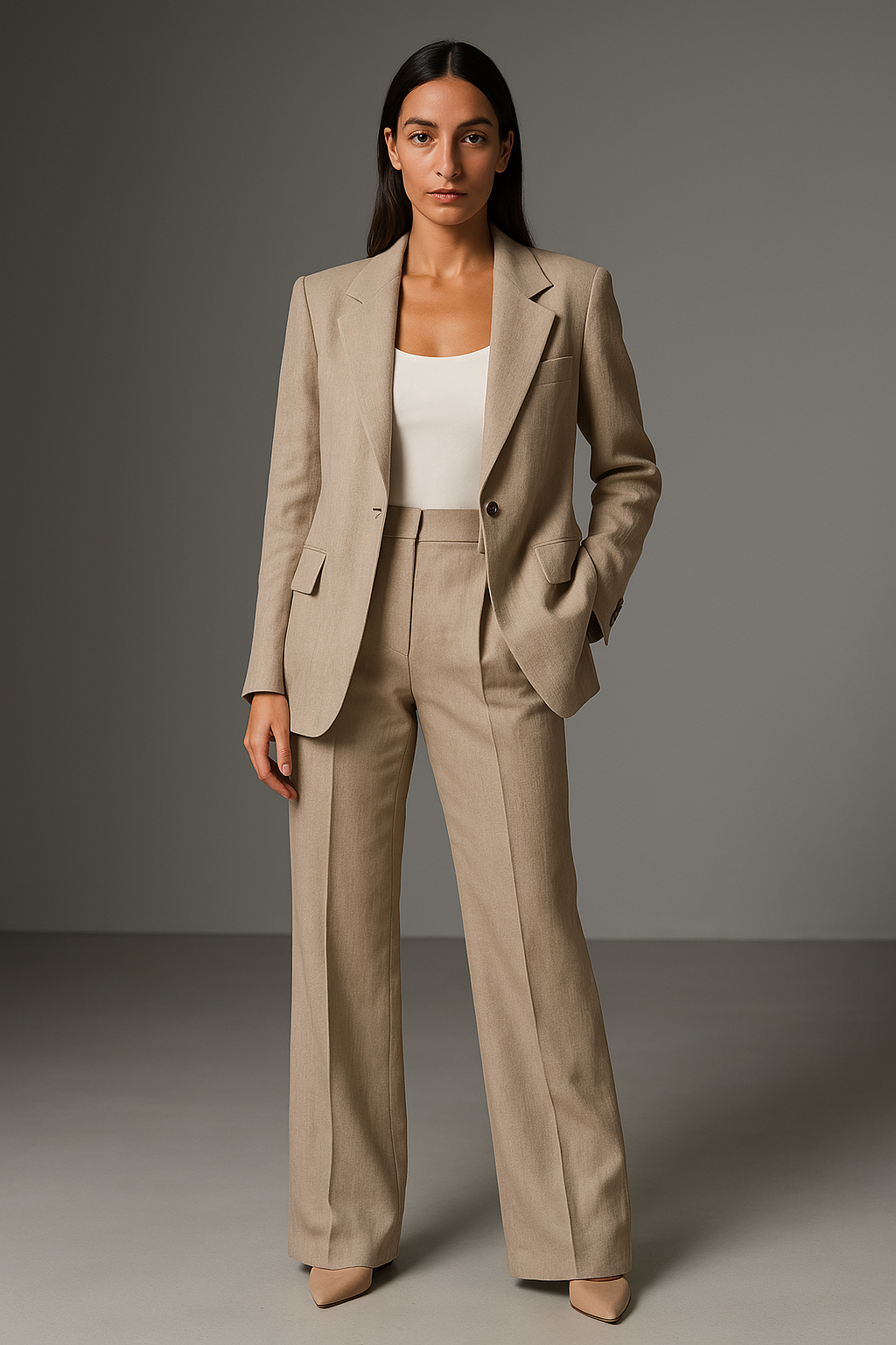 Two-Piece Suit Set with Notched Lapel Blazer and Flared Trousers