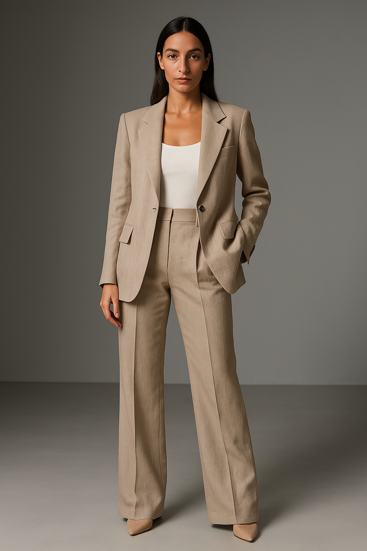 Two-Piece Suit Set with Notched Lapel Blazer and Flared Trousers