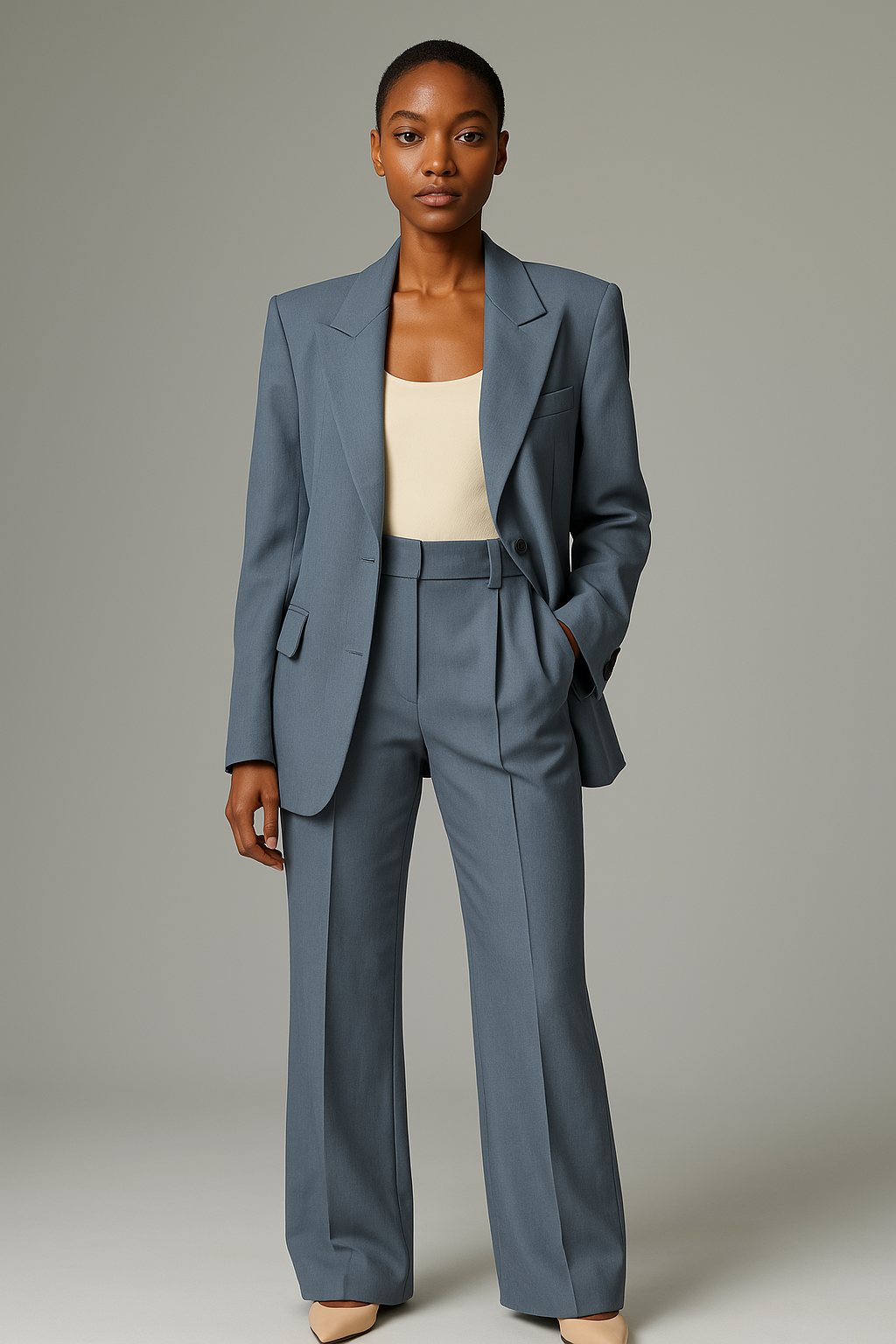 Two-Piece Suit Set with Notched Lapel Blazer and Flared Trousers
