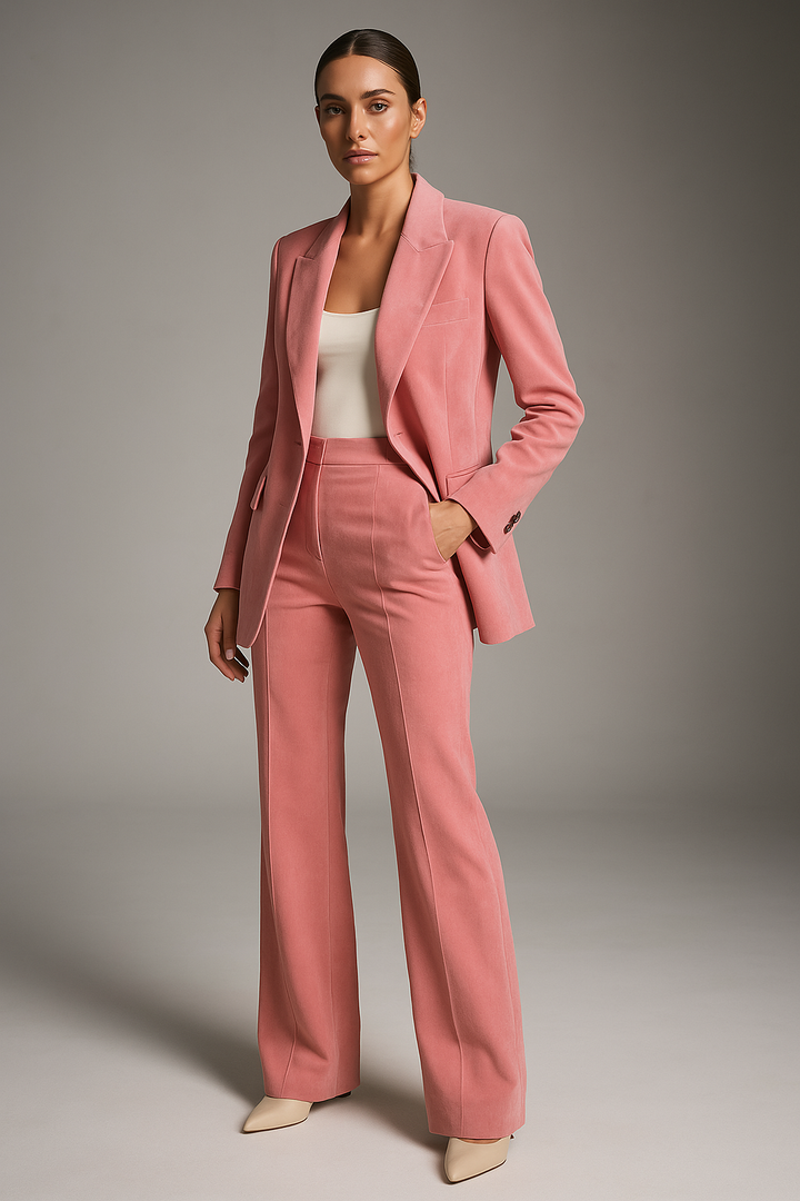 Two-Piece Suit Set with Notched Lapel Blazer and Flared Trousers