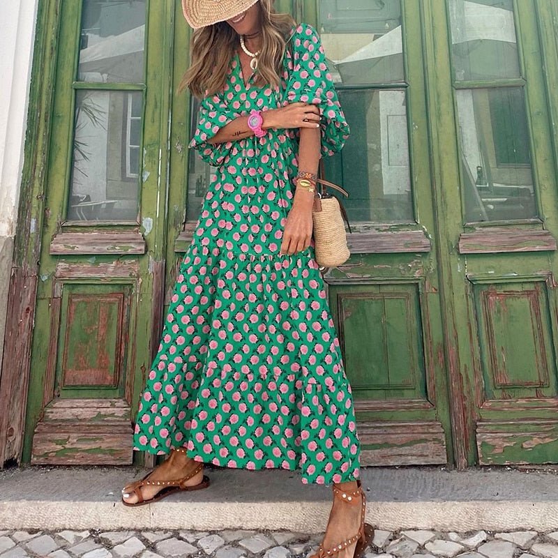 V-Neck Tiered Maxi Dress with Balloon Sleeves