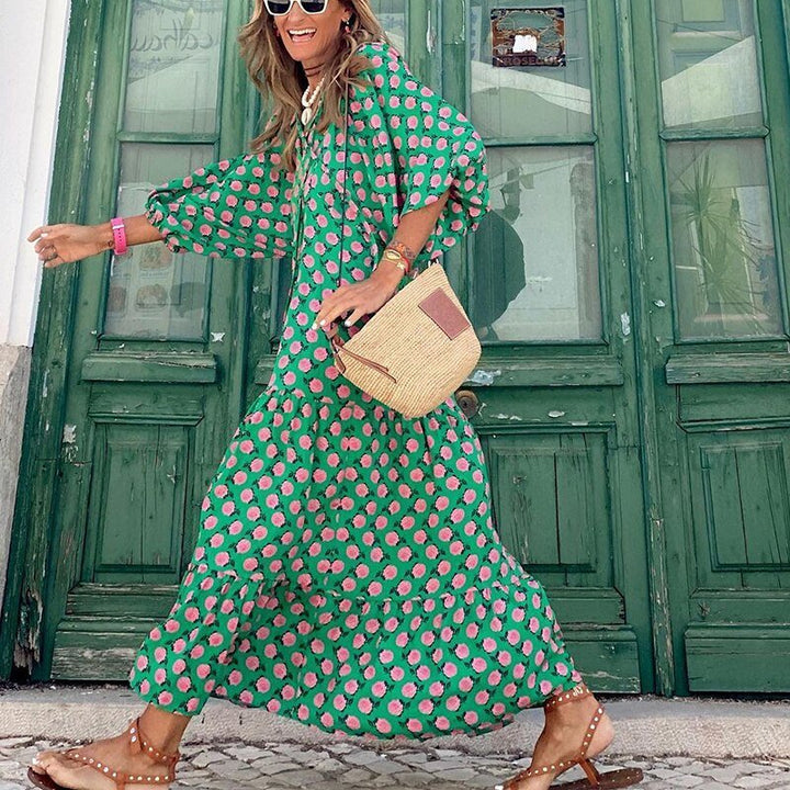 V-Neck Tiered Maxi Dress with Balloon Sleeves