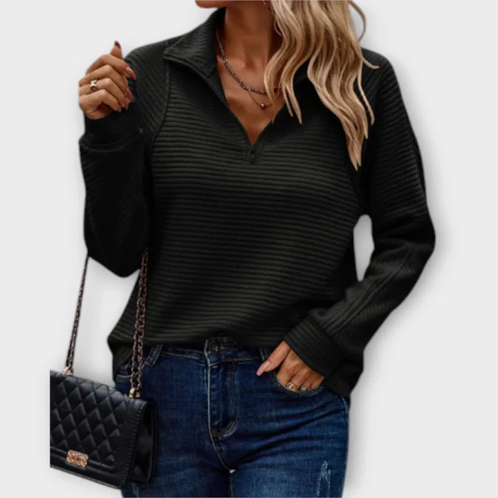 Ribbed Texture Top with Half-Zip Closure and Collar