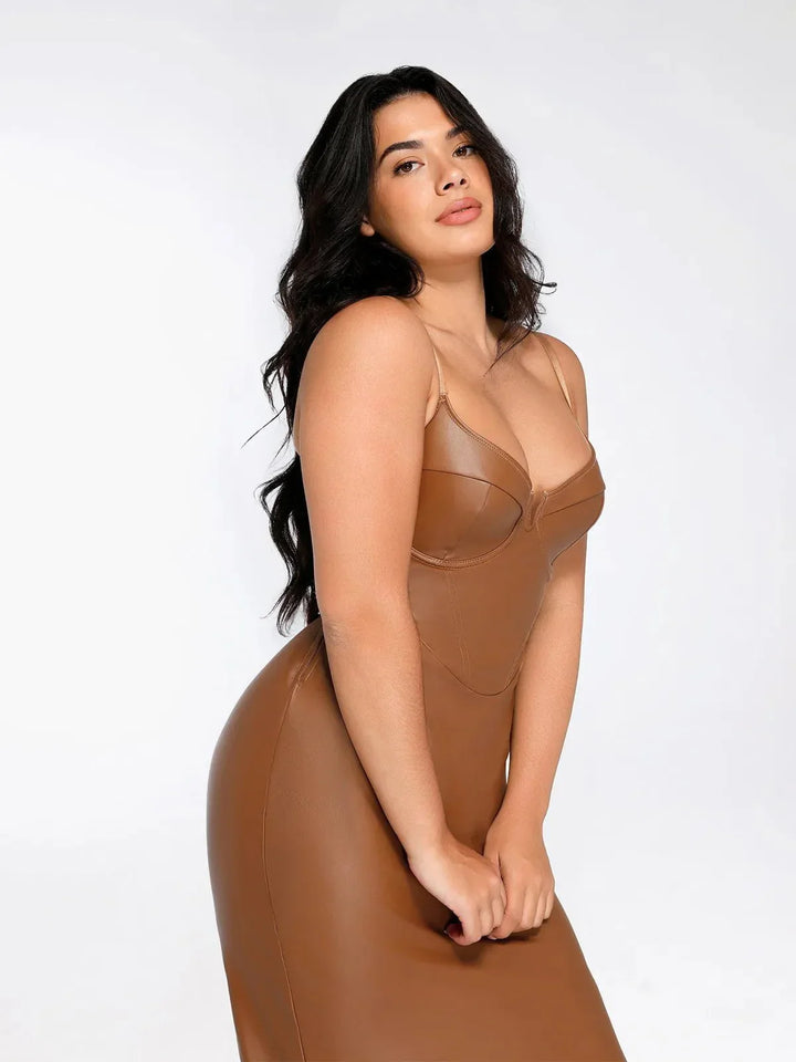 Faux Leather Bodycon Midi Dress with Corset Seaming and Adjustable Straps
