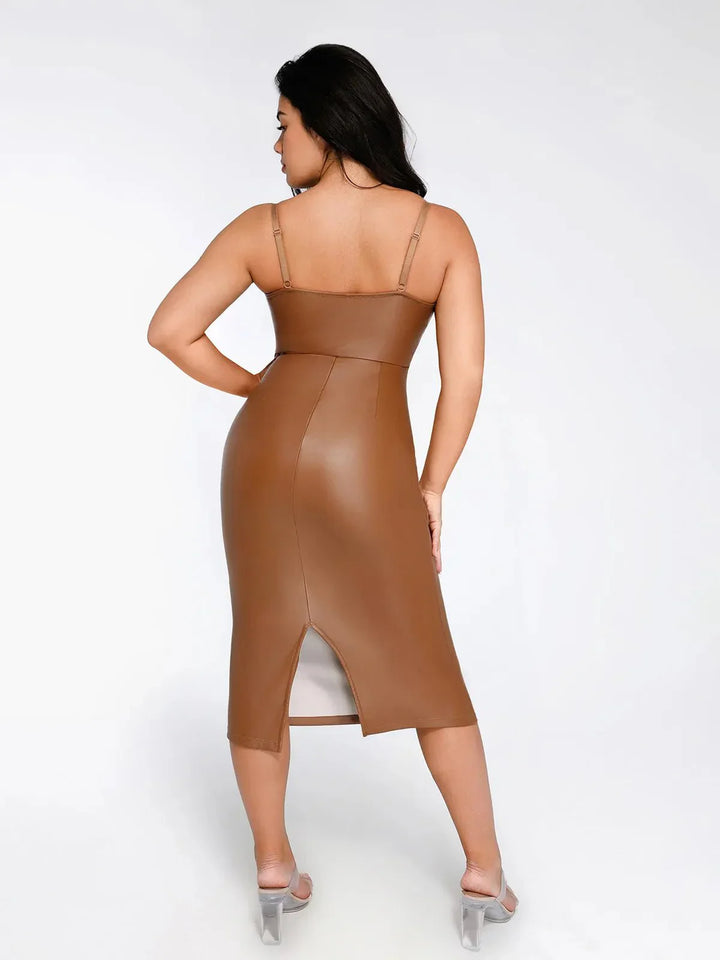 Faux Leather Bodycon Midi Dress with Corset Seaming and Adjustable Straps