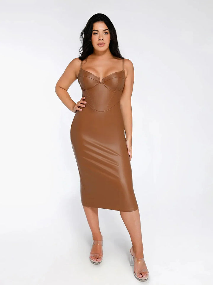 Faux Leather Bodycon Midi Dress with Corset Seaming and Adjustable Straps