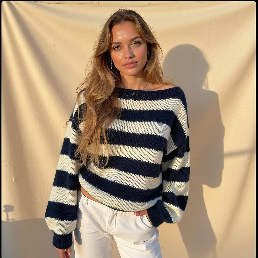 Striped Knit Sweater with Crew Neckline and Balloon Sleeves
