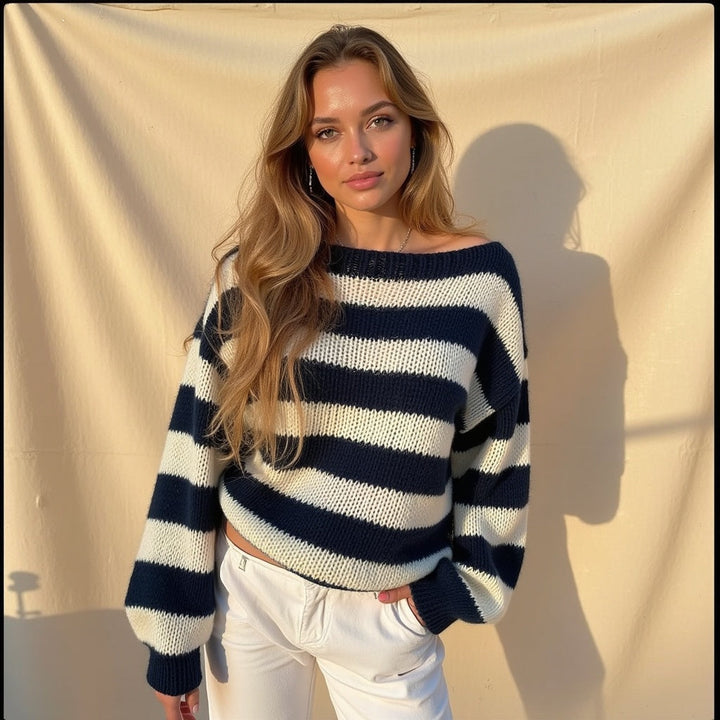Striped Knit Sweater with Crew Neckline and Balloon Sleeves