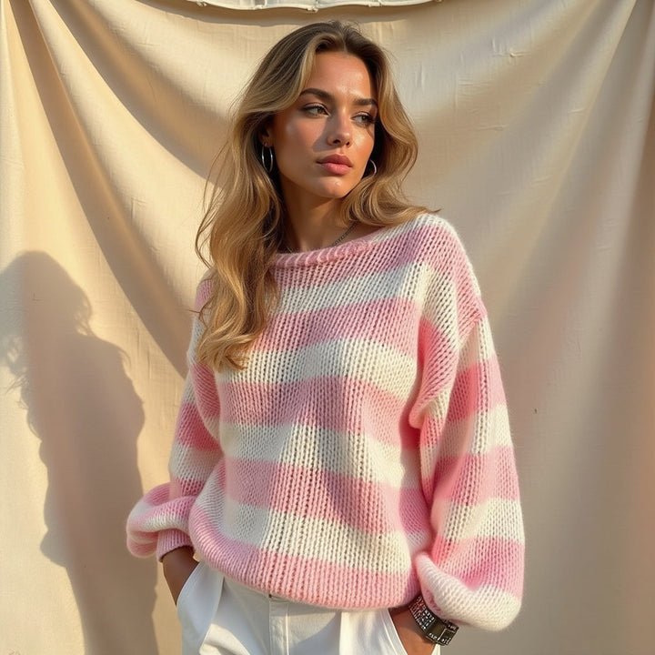 Striped Knit Sweater with Crew Neckline and Balloon Sleeves