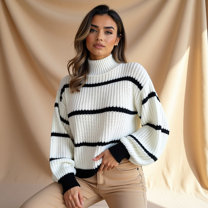 High Neck Striped Knit Sweater with Balloon Sleeves and Ribbed Trim