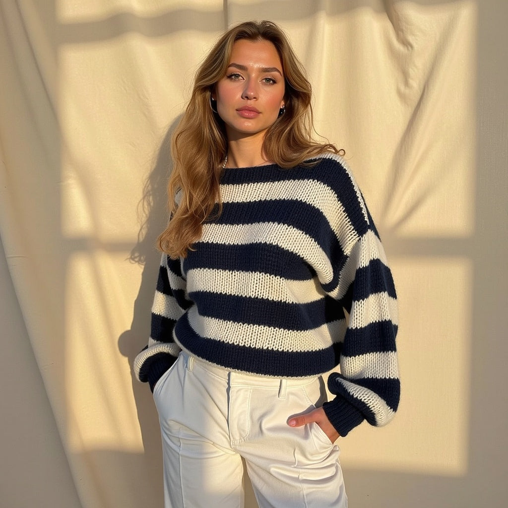 Striped Knit Sweater with Crew Neckline and Balloon Sleeves