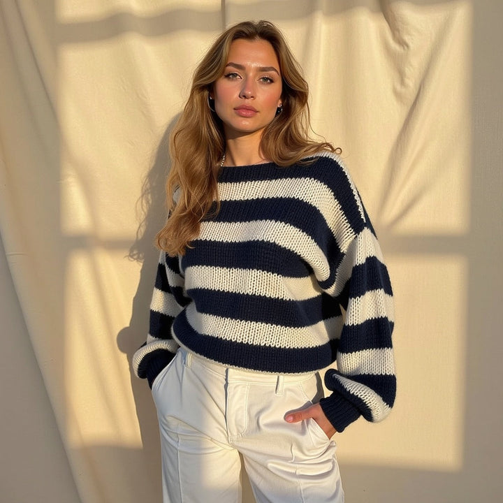 Striped Knit Sweater with Crew Neckline and Balloon Sleeves