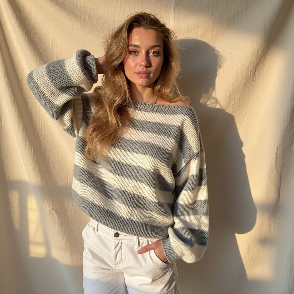 Striped Knit Sweater with Crew Neckline and Balloon Sleeves