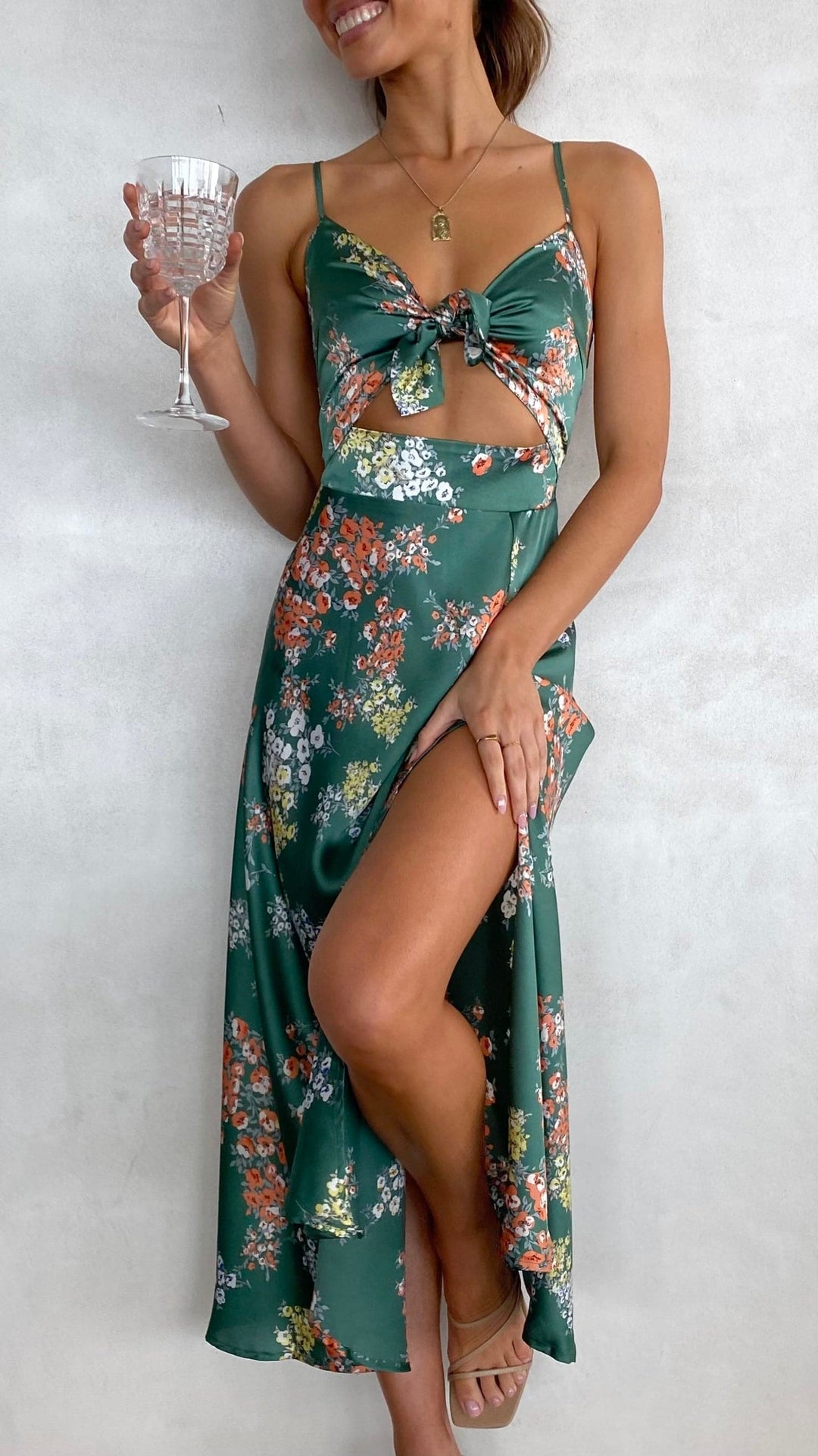 Midi Dress with Spaghetti Straps, V-Neckline and Front Slit