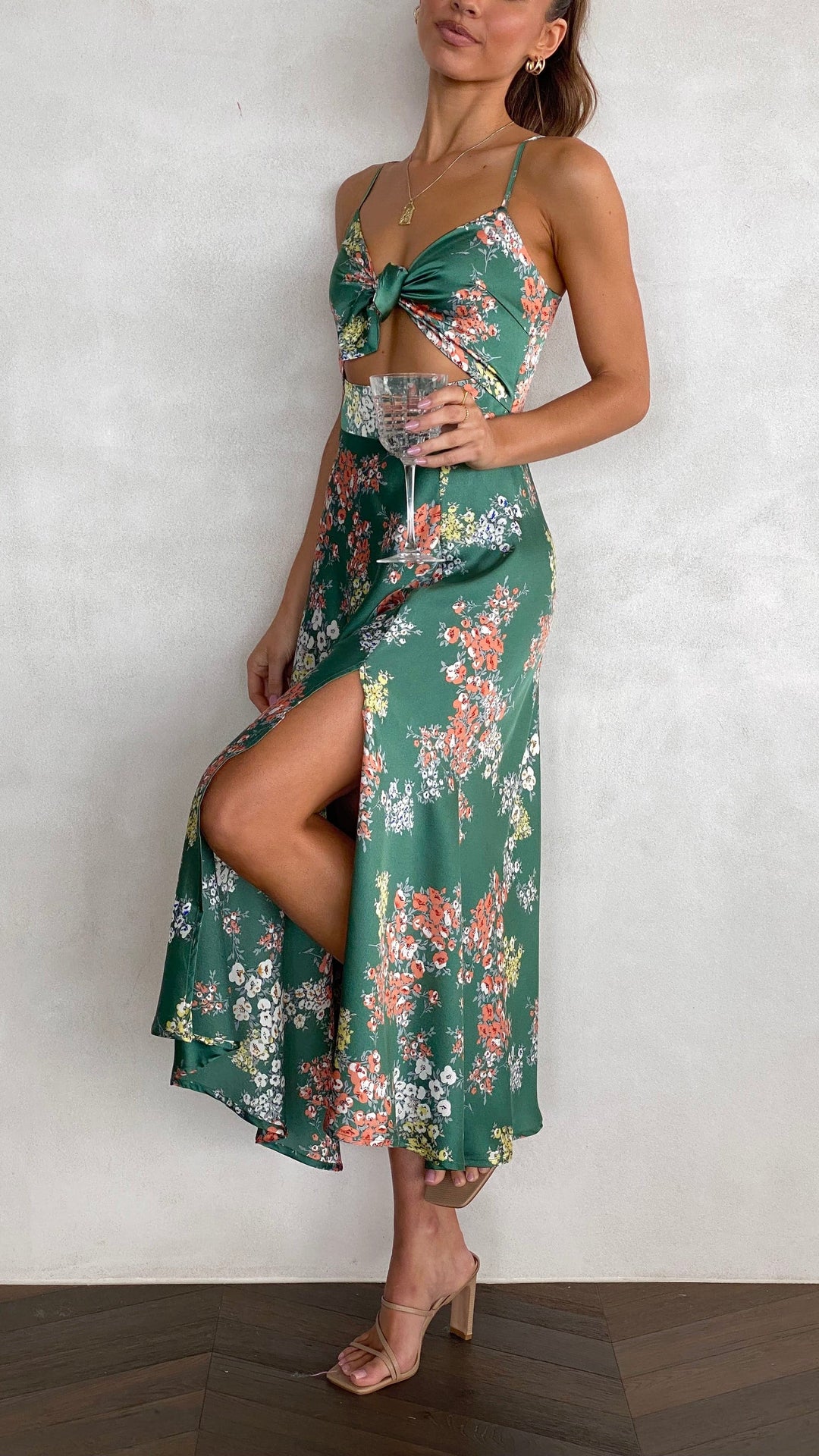 Midi Dress with Spaghetti Straps, V-Neckline and Front Slit