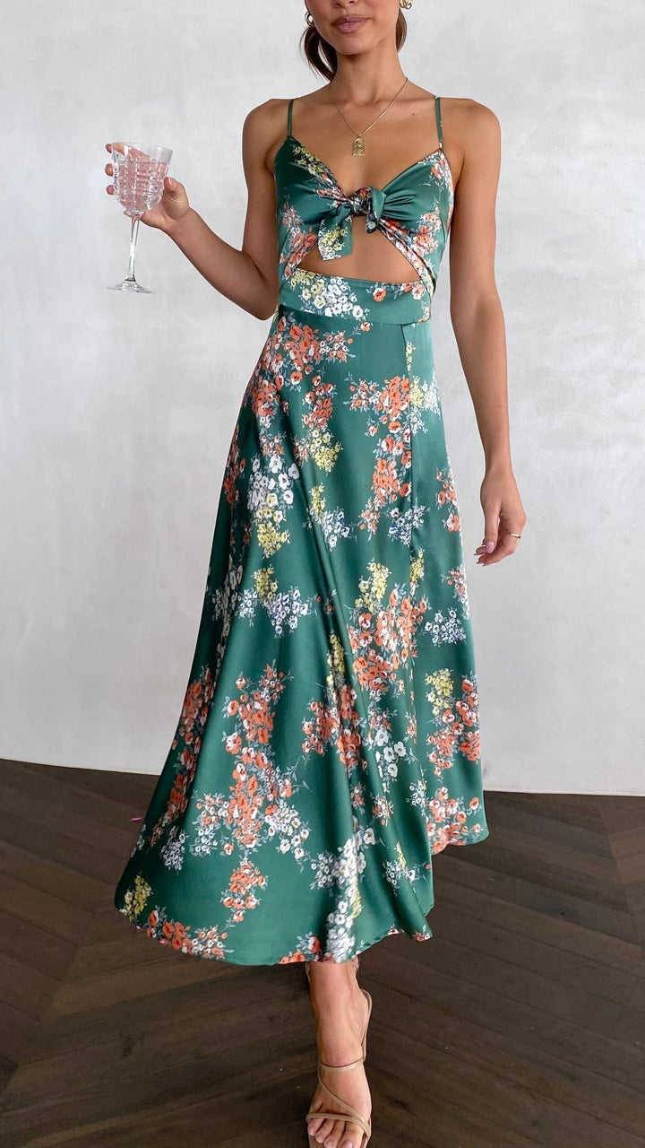 Midi Dress with Spaghetti Straps, V-Neckline and Front Slit