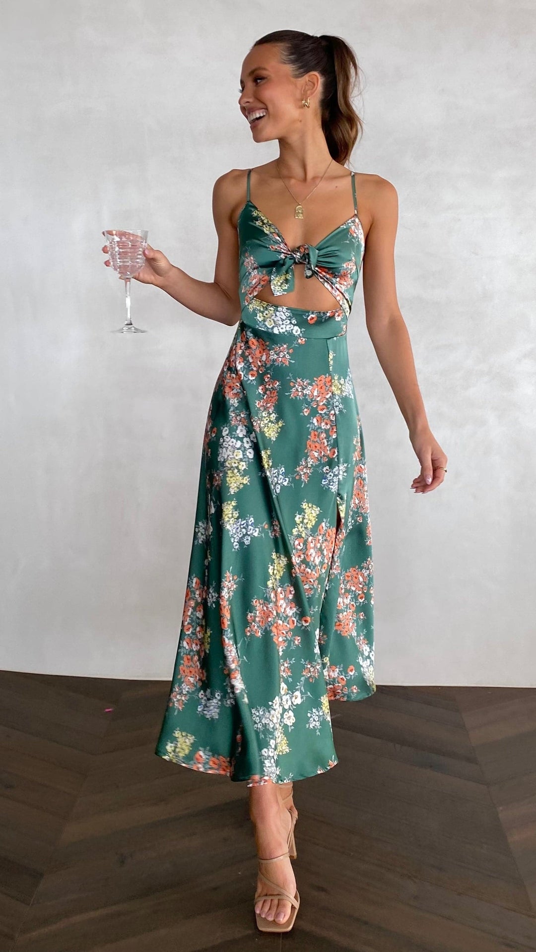 Midi Dress with Spaghetti Straps, V-Neckline and Front Slit