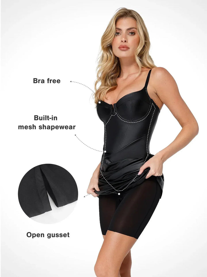 Faux Leather Bodycon Midi Dress with Corset Seaming and Adjustable Straps