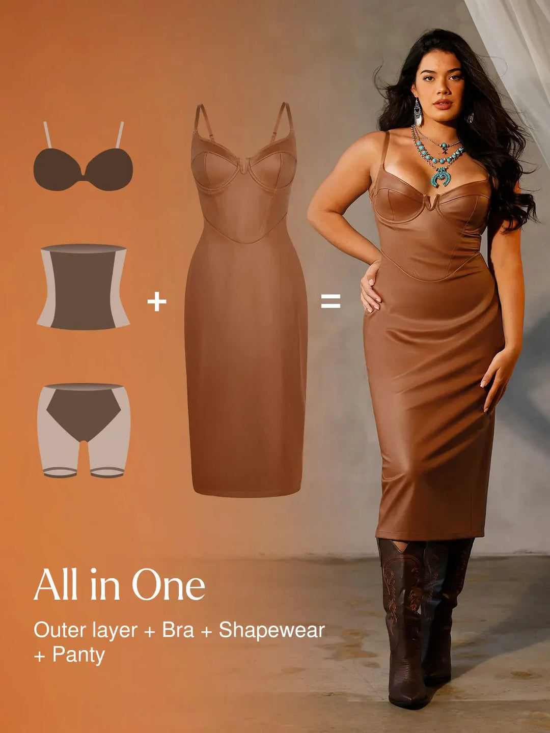 Faux Leather Bodycon Midi Dress with Corset Seaming and Adjustable Straps