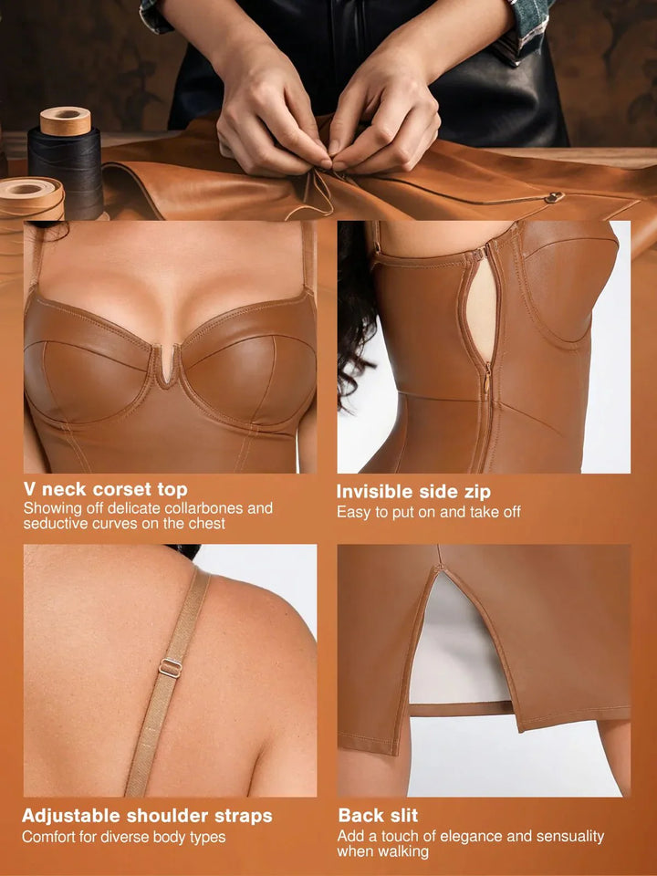 Faux Leather Bodycon Midi Dress with Corset Seaming and Adjustable Straps