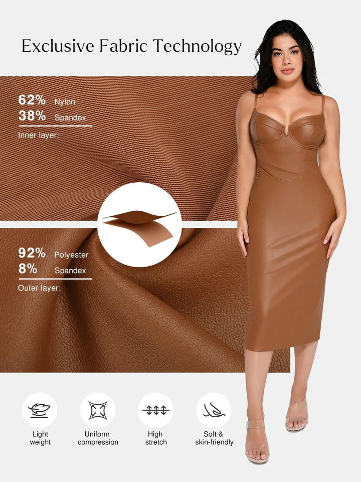 Faux Leather Bodycon Midi Dress with Corset Seaming and Adjustable Straps