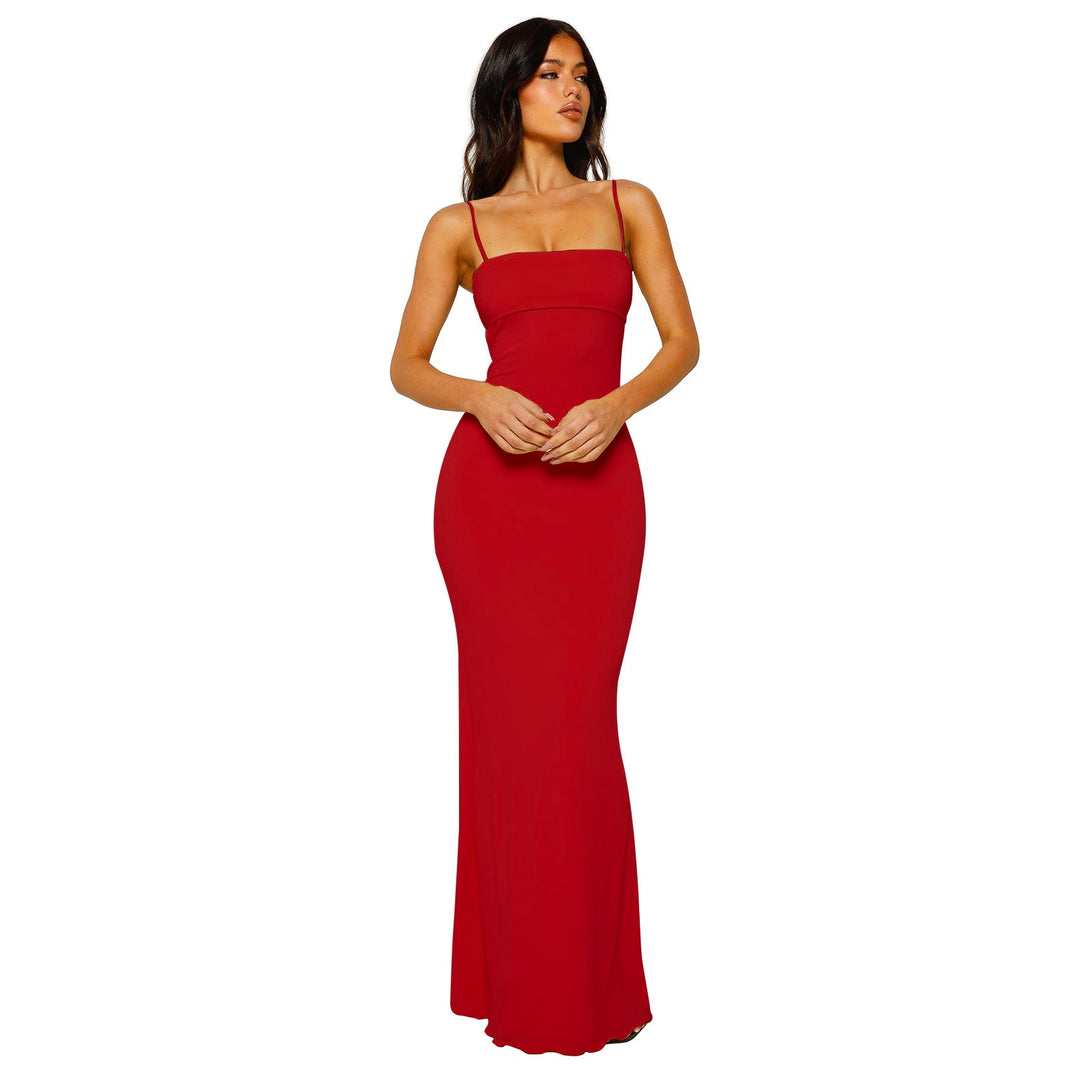 Fitted Maxi Dress with Spaghetti Straps and Open Back Detail