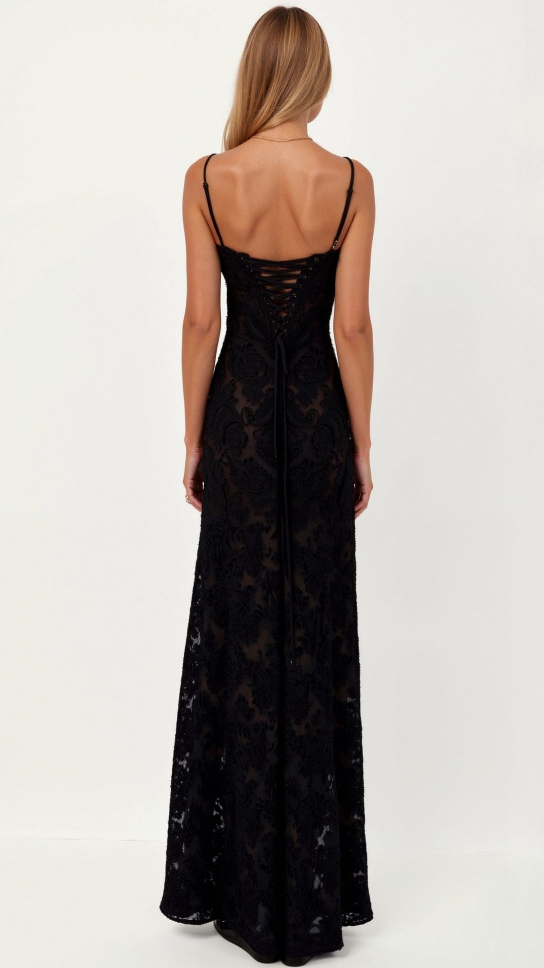 Floral Maxi Dress with Spaghetti Straps and Lace-Up Back Closure