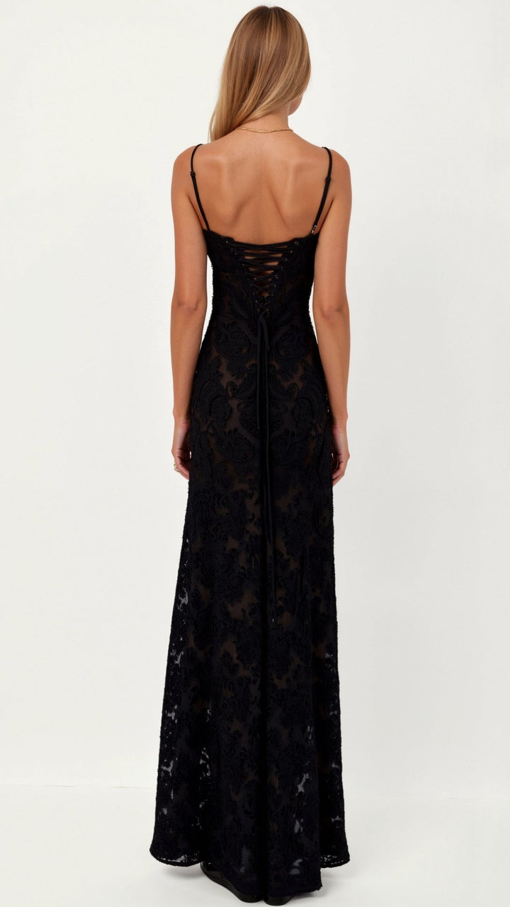 Floral Maxi Dress with Spaghetti Straps and Lace-Up Back Closure
