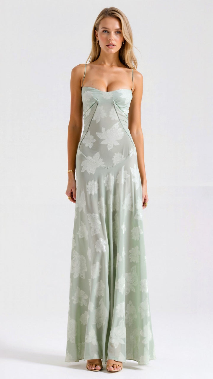 Floral Maxi Dress with Spaghetti Straps and Lace-Up Back Closure