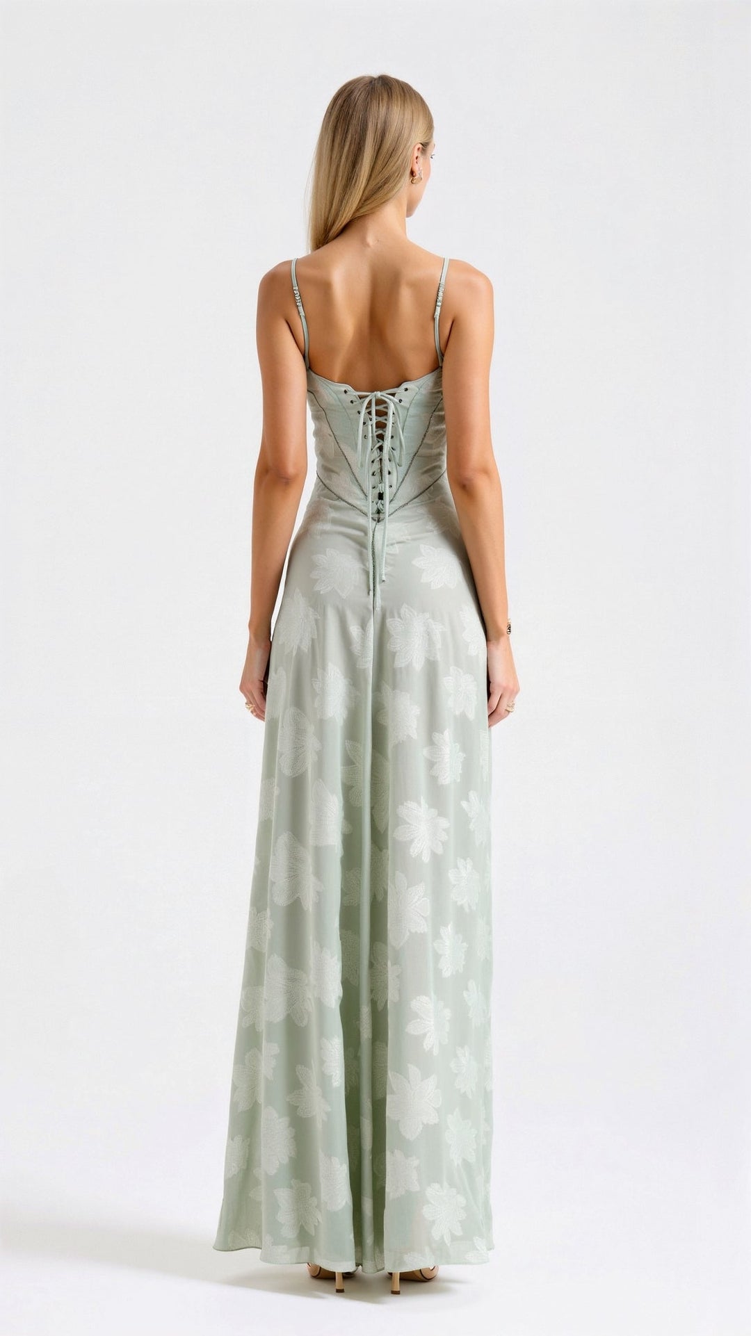 Floral Maxi Dress with Spaghetti Straps and Lace-Up Back Closure