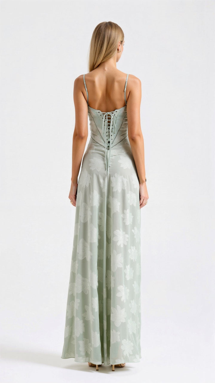 Floral Maxi Dress with Spaghetti Straps and Lace-Up Back Closure