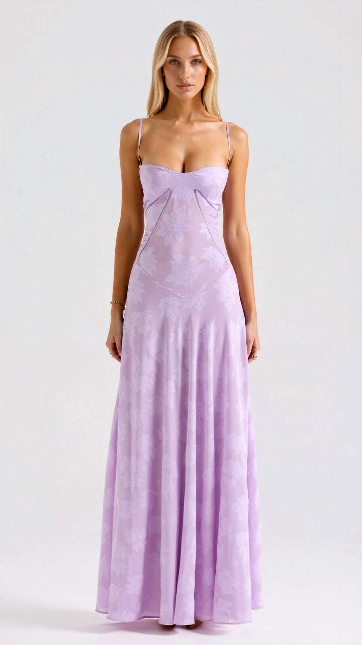 Floral Maxi Dress with Spaghetti Straps and Lace-Up Back Closure