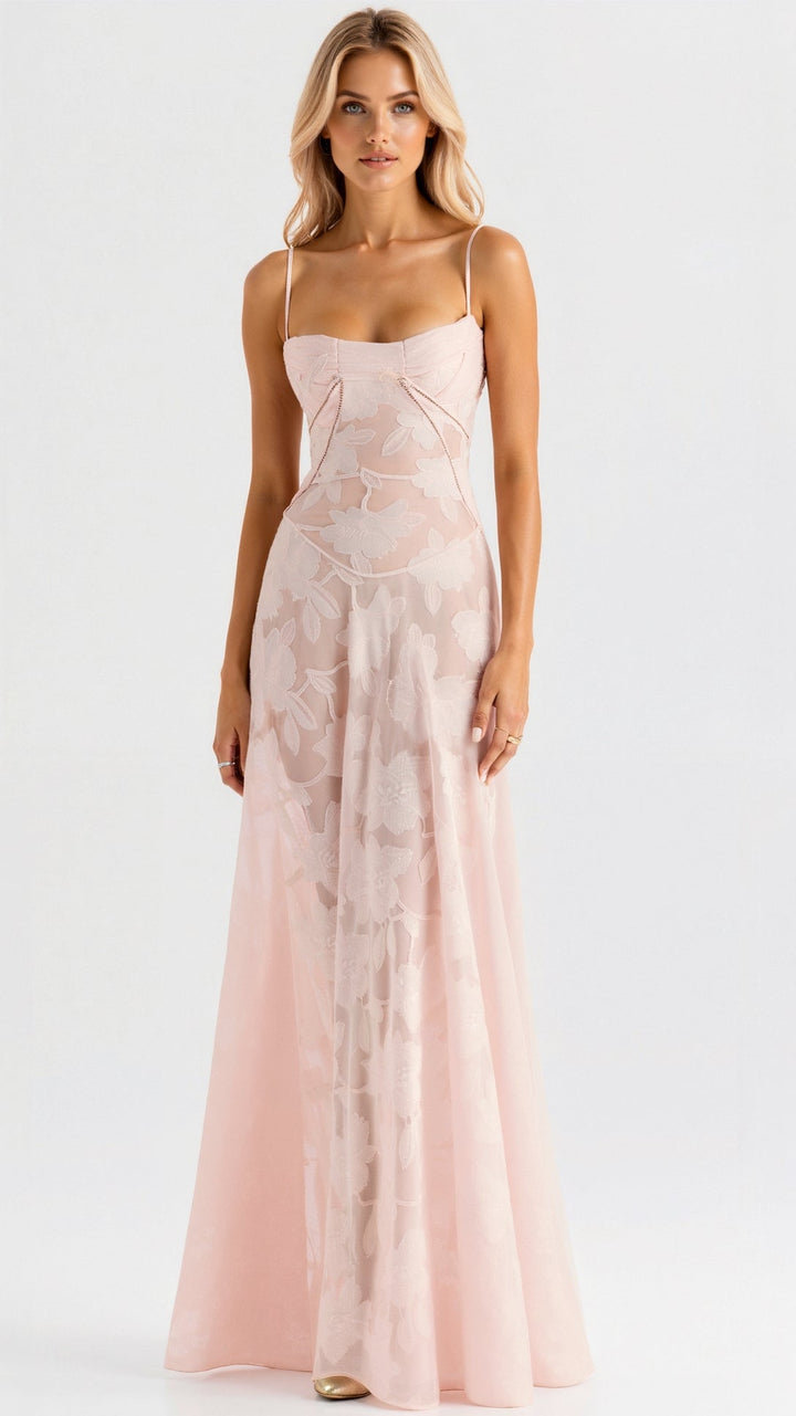Floral Maxi Dress with Spaghetti Straps and Lace-Up Back Closure