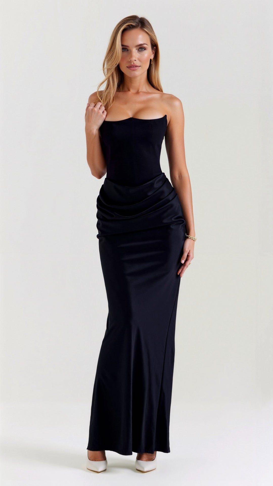 Strapless Maxi Dress with Corset Bodice and Ruched Skirt