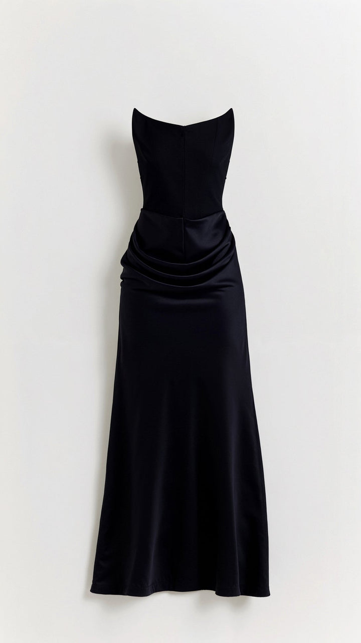 Strapless Maxi Dress with Corset Bodice and Ruched Skirt