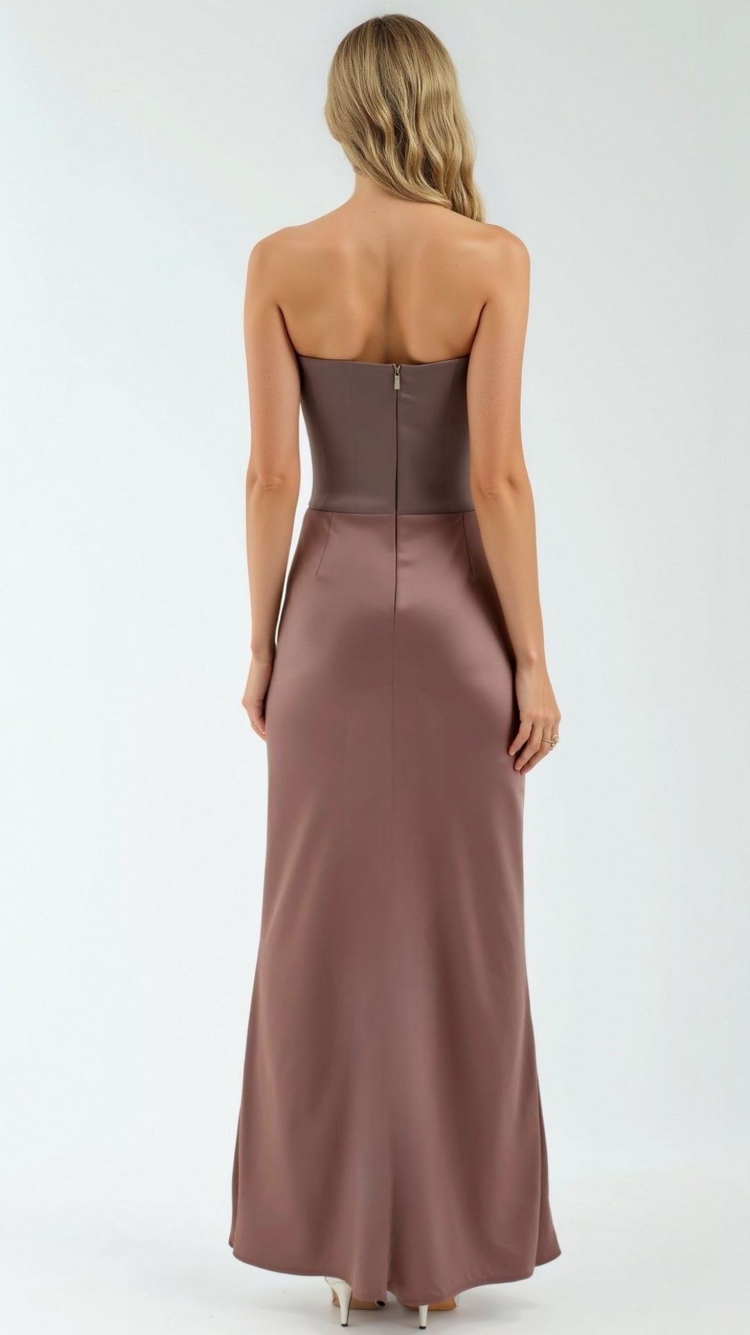 Strapless Maxi Dress with Corset Bodice and Ruched Skirt