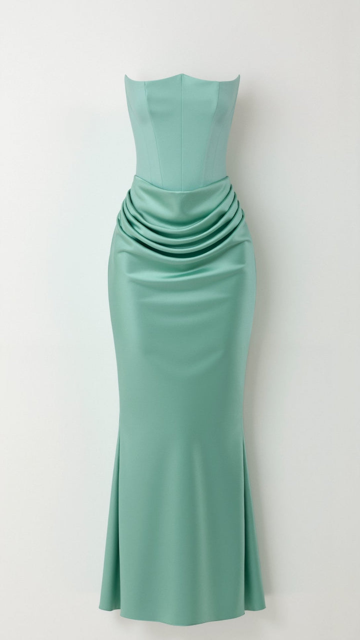 Strapless Maxi Dress with Corset Bodice and Ruched Skirt