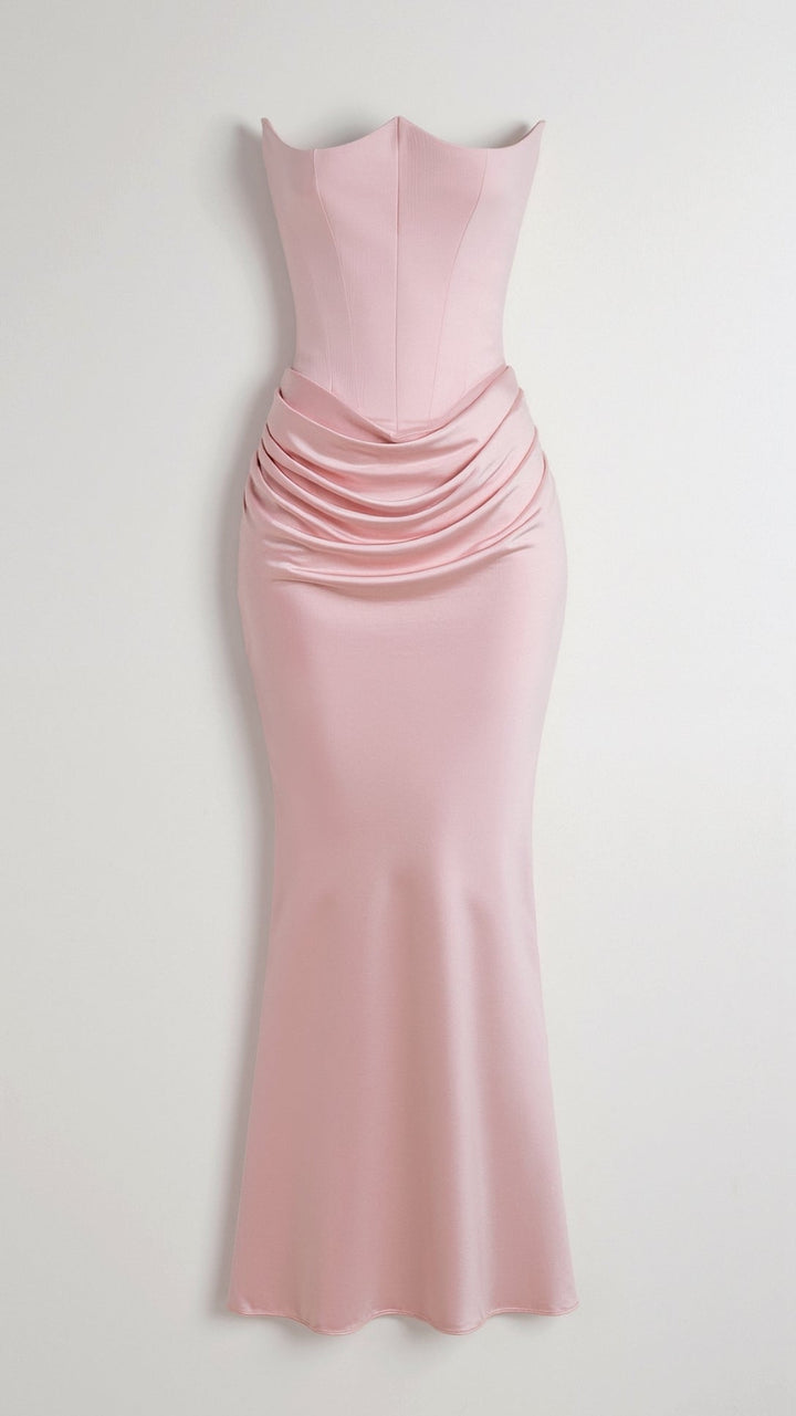 Strapless Maxi Dress with Corset Bodice and Ruched Skirt
