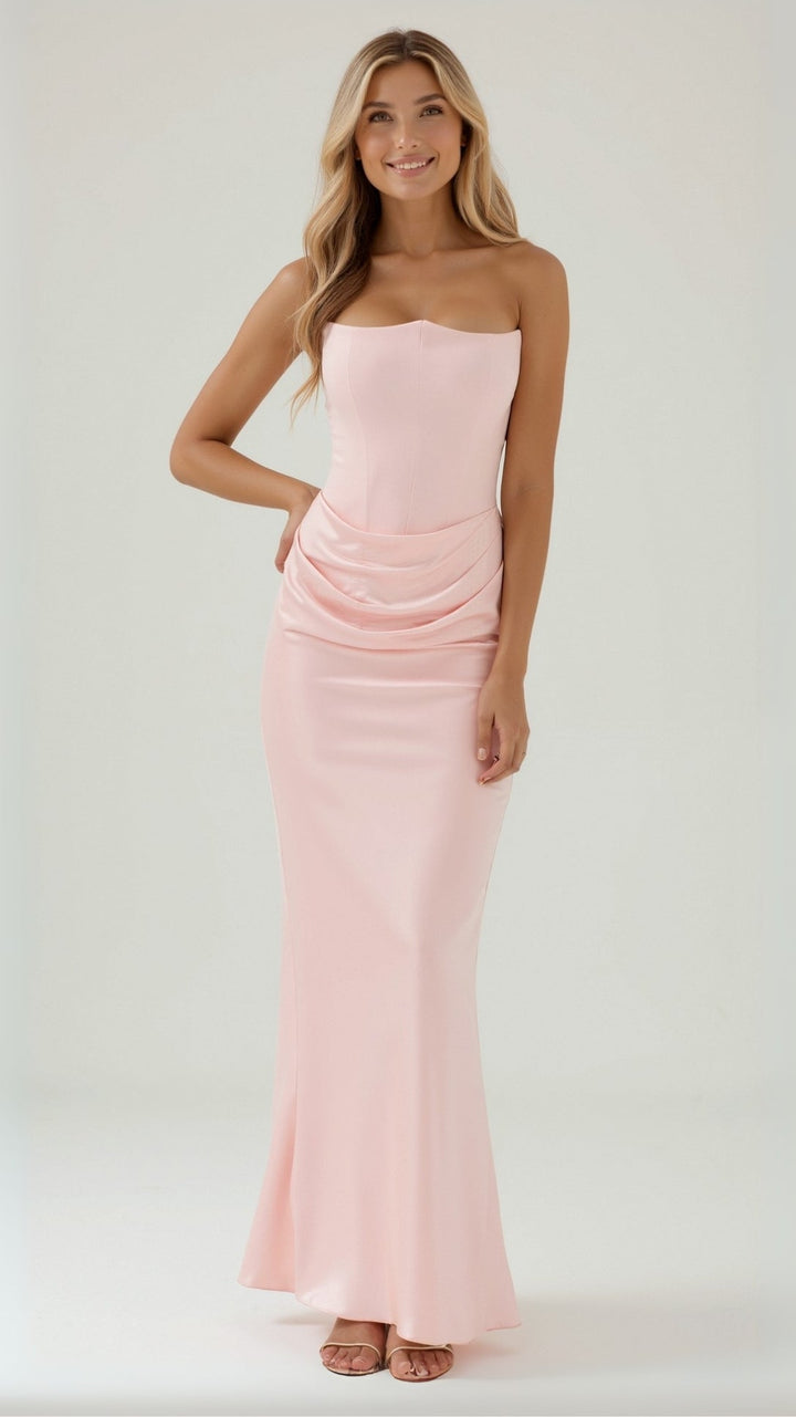 Strapless Maxi Dress with Corset Bodice and Ruched Skirt
