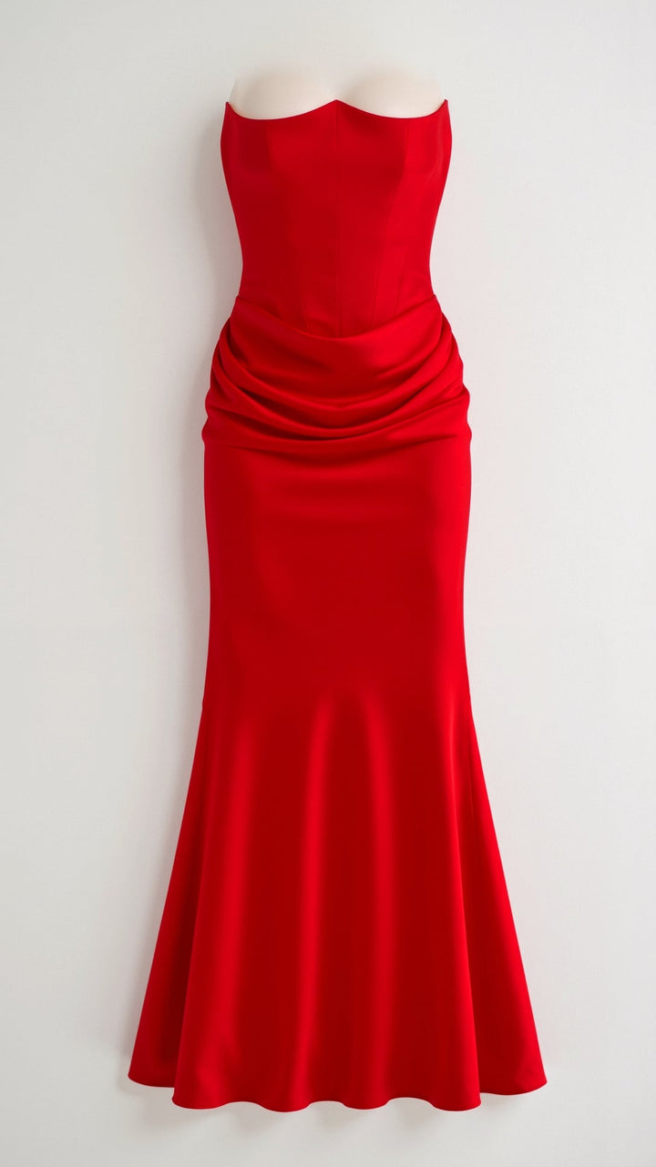 Strapless Maxi Dress with Corset Bodice and Ruched Skirt