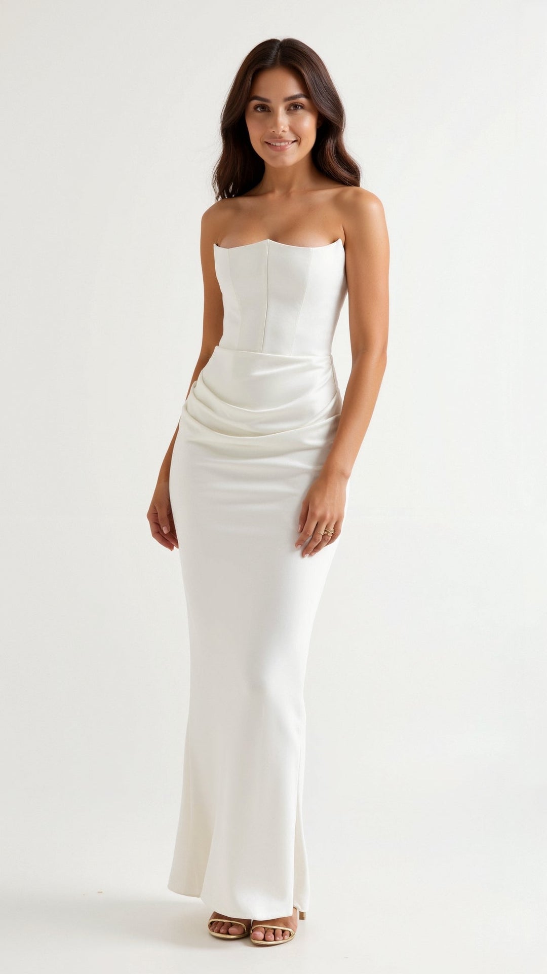Strapless Maxi Dress with Corset Bodice and Ruched Skirt