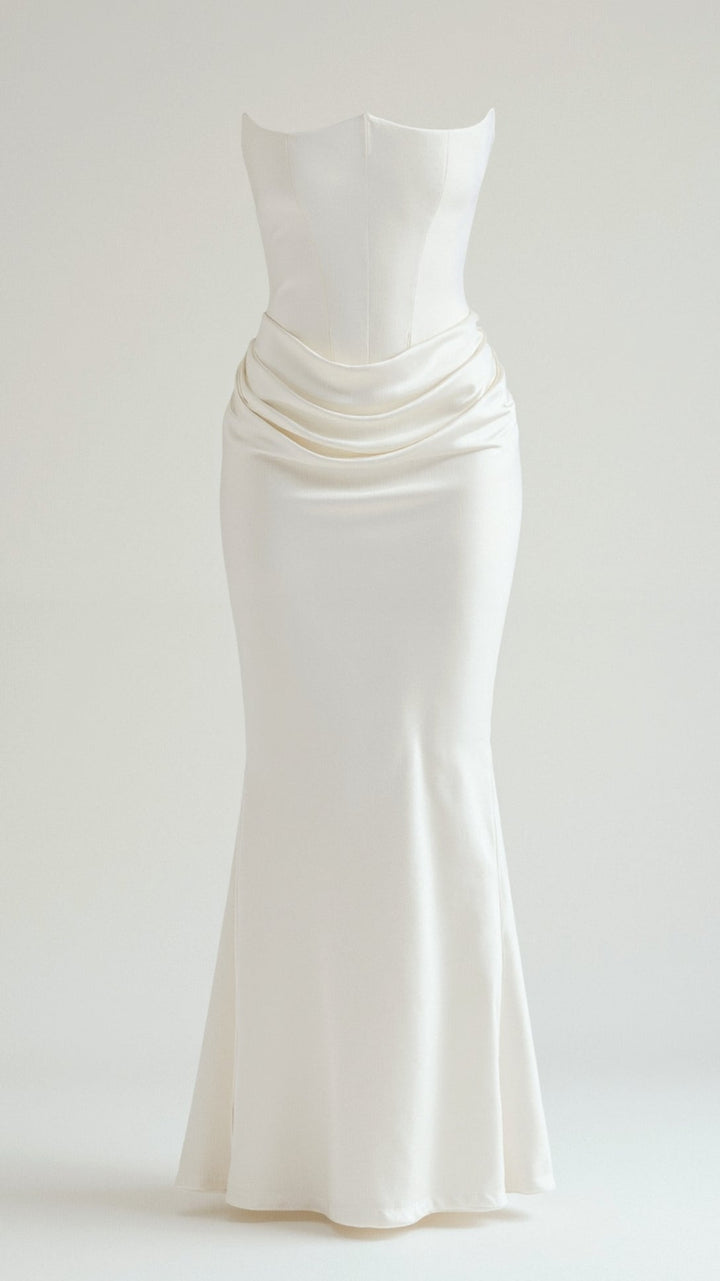 Strapless Maxi Dress with Corset Bodice and Ruched Skirt