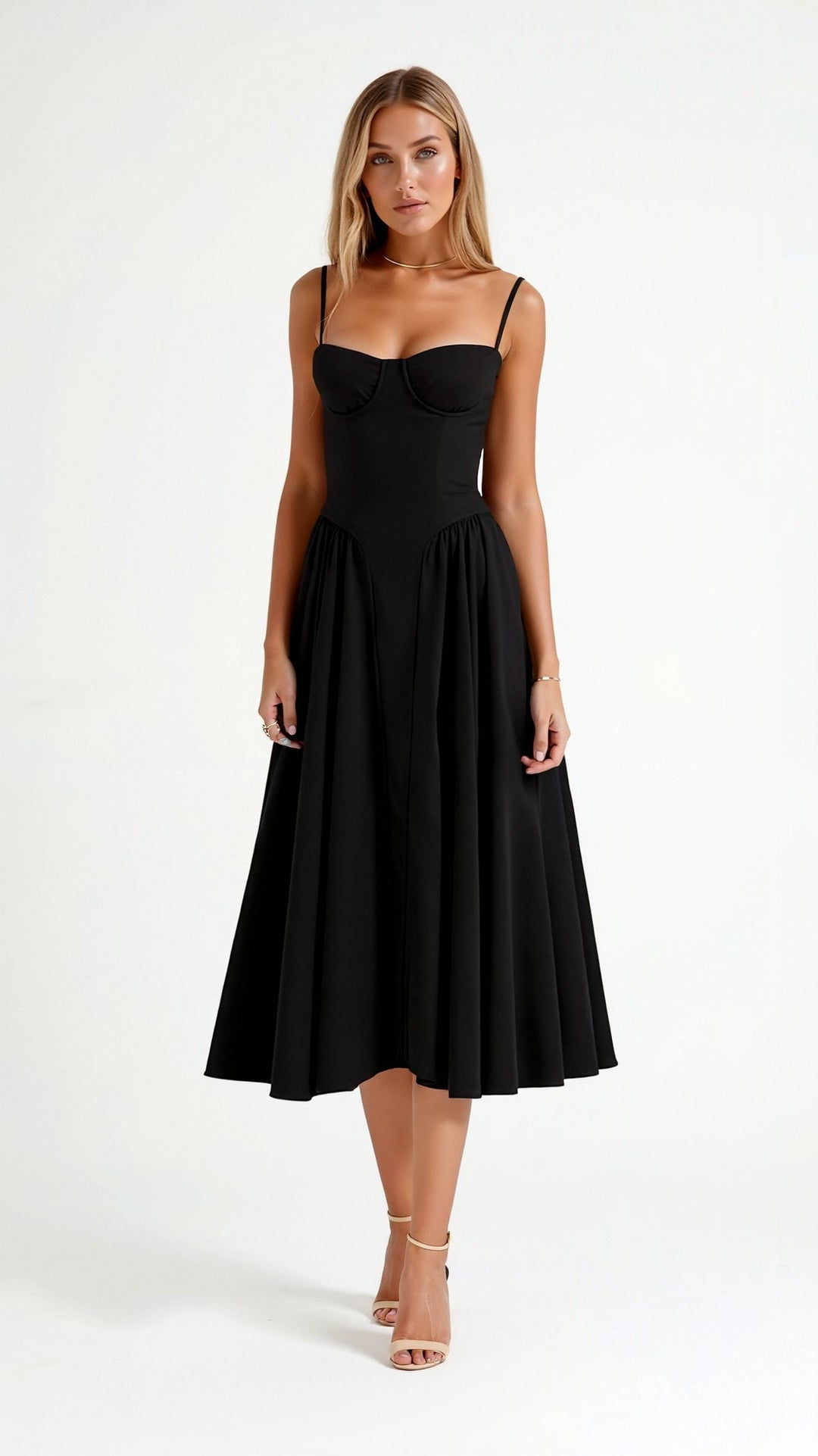 Midi Sundress with Corset Bodice and Spaghetti Straps