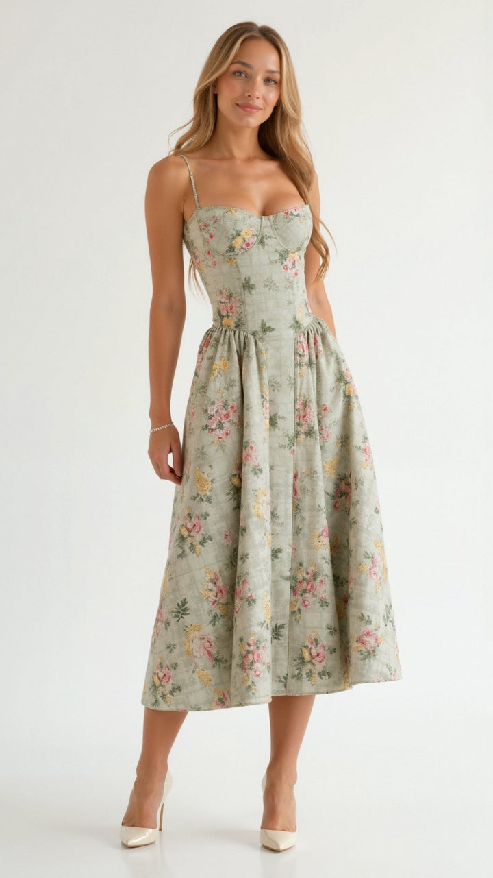Midi Sundress with Corset Bodice and Spaghetti Straps